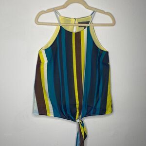 Sunday In Brooklyn Teal Blue & Yellow Black Multi Stripe Front Tie Blouse XS